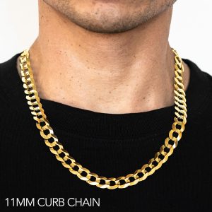 14K 11MM YELLOW GOLD SOLID CURB 30" CHAIN NECKLACE (AVAILABLE IN LENGTHS 7" - 30")