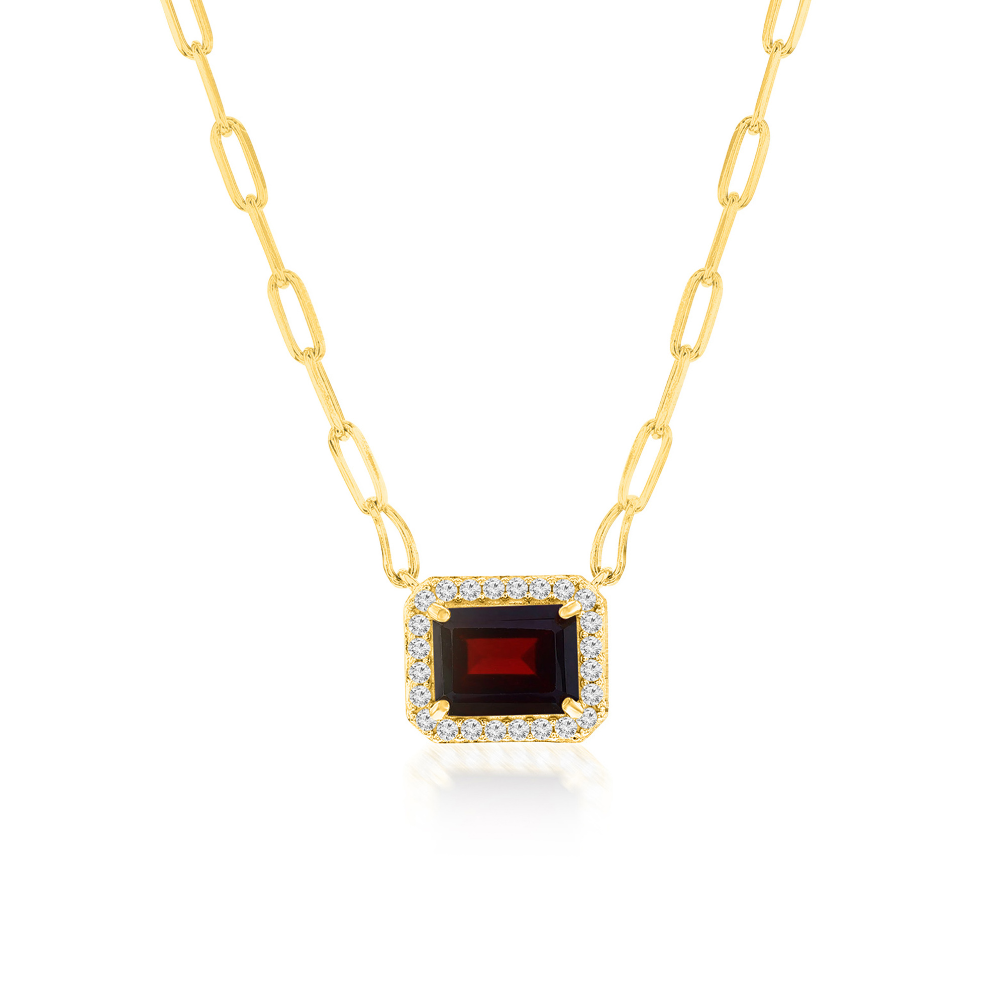 Sterling Silver, Rectangle 6X8 Garnet, White Topaz Border, Paperclip Necklace - Gold Plated