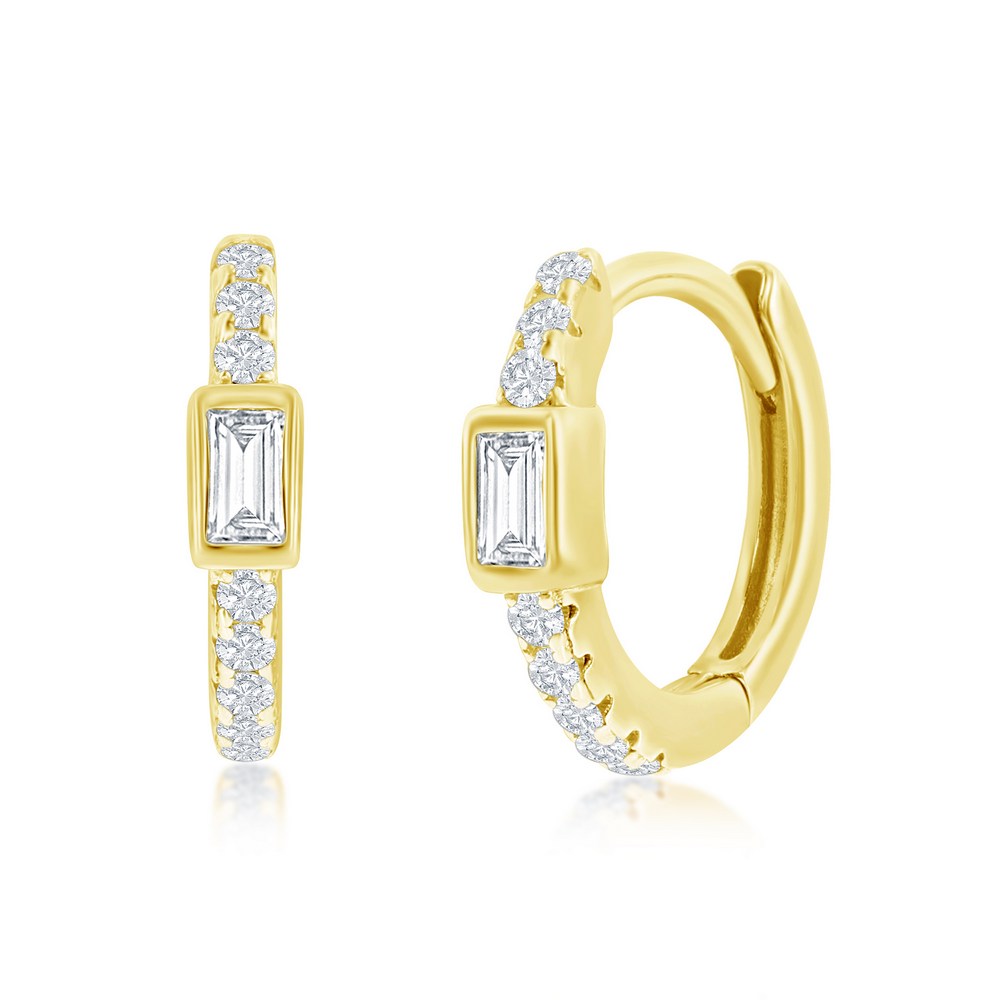 Sterling Silver 11MM Center Rectangle CZ Huggie Hoop Earrings - Gold Plated