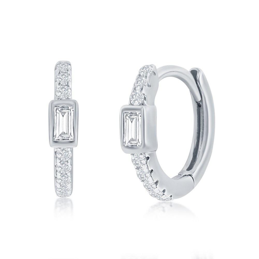 Sterling Silver 11MM Center Rectangle CZ Huggie Hoop Earrings