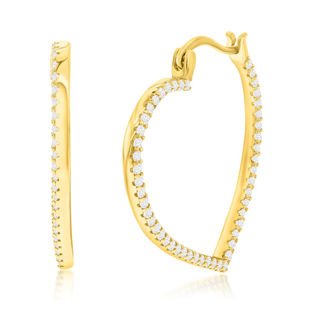 Sterling Silver, CZ Heart 25MM Hoop Earrings - Gold Plated