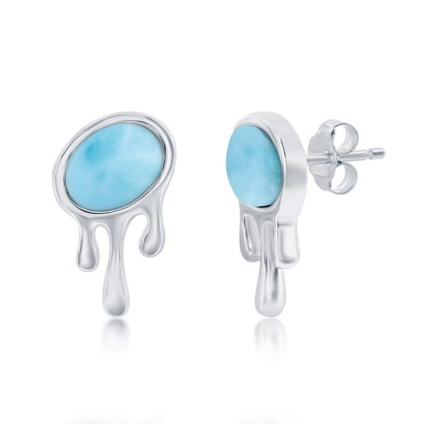 Sterling Silver Oval Larimar, Dripping Design Stud Earrings