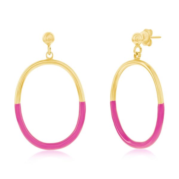 Sterling Silver, Rose Violet Enamel Oval Earrings - Gold Plated