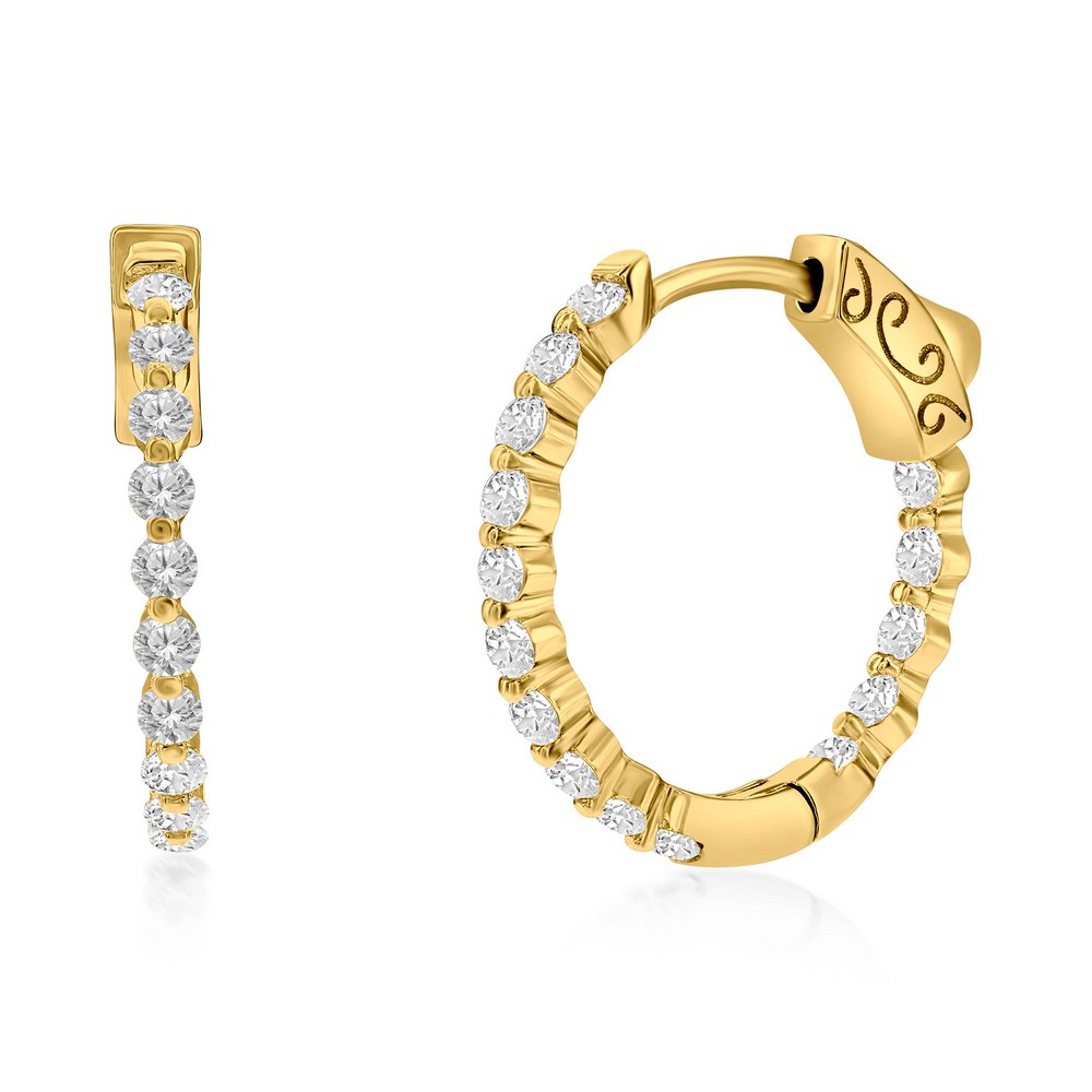 Sterling Silver 20mm Inside-Outside Round CZ Hoop Earrings - Gold Plated