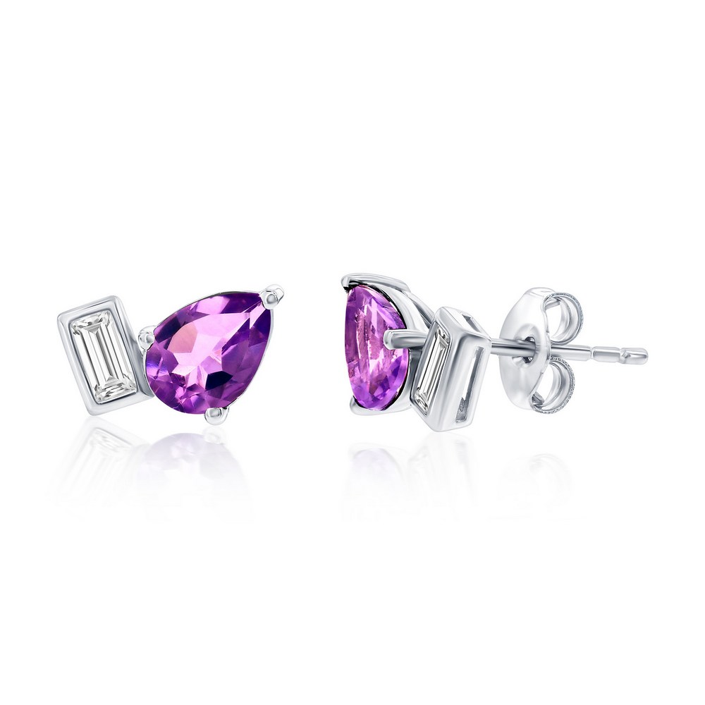 Sterling Silver, Pearshaped & Emerald-Cut Amethyst Studs