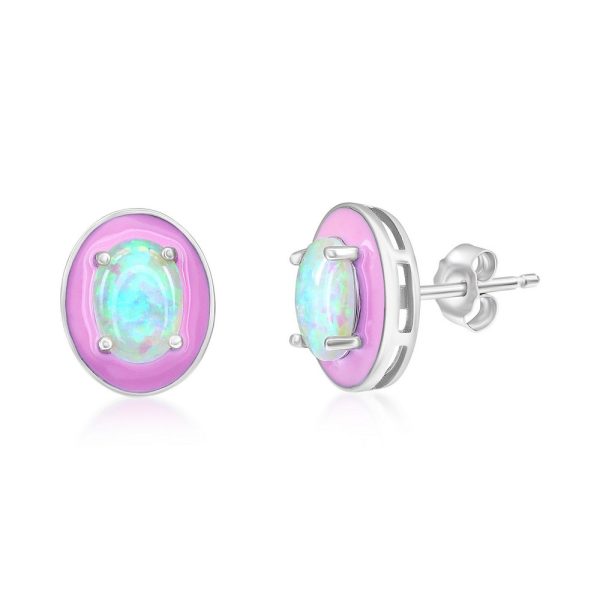 Sterling Silver White Opal & Pink Enamel Oval Studs