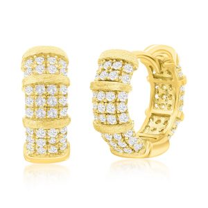 Sterling Silver, Pave CZ & Matte 15mm Hoop Earrings - Gold Plated