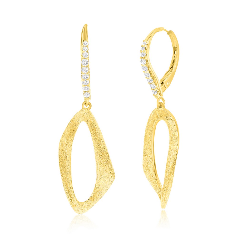 Sterling Silver, Oval Twist Brushed & CZ Earrings - Gold Plated