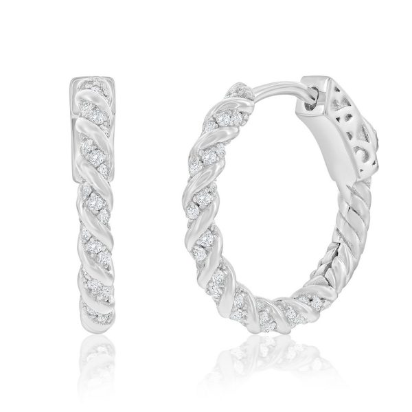 Sterling Silver, 19mm Rope Design CZ Hoop Earrings