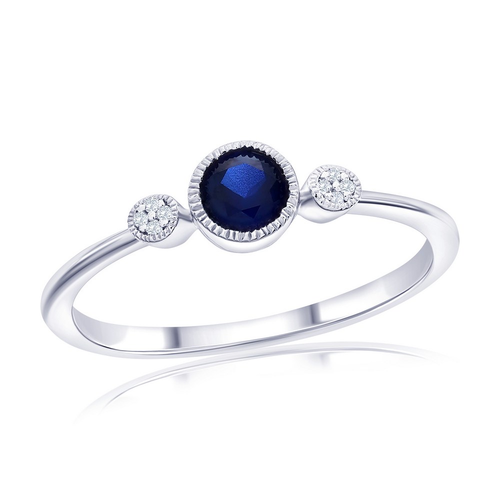 Sterling Silver, Lab-Grown Sapphire & Natural Diamond Ring - (9 Stones)