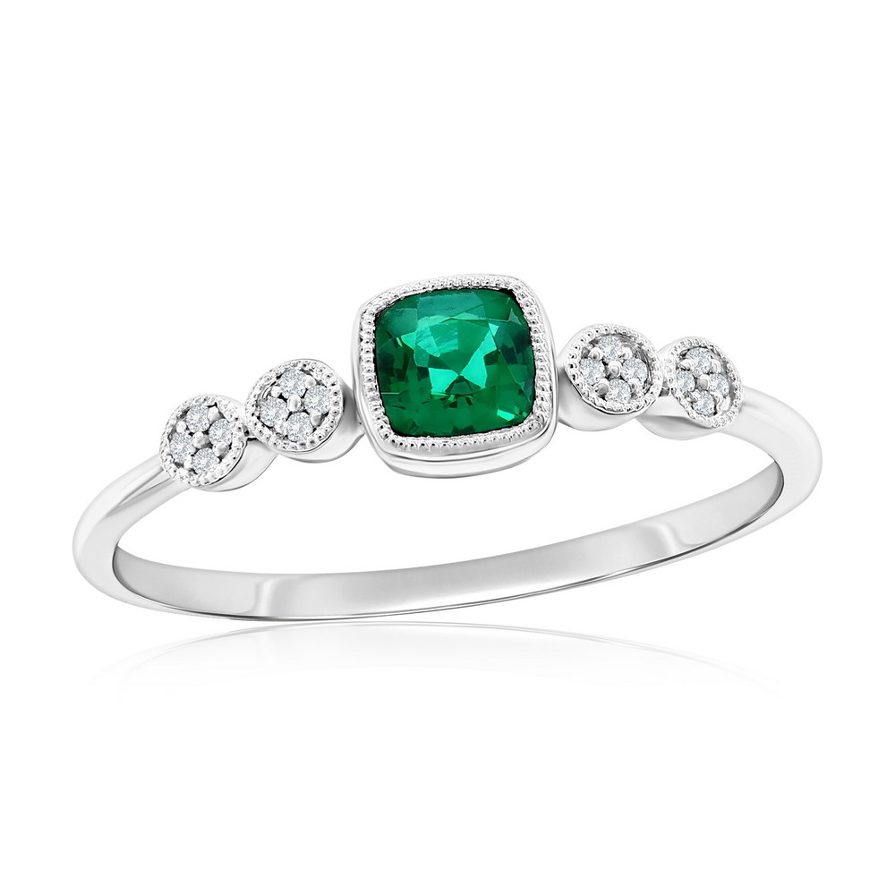 Sterling Silver, Lab-Grown Emerald & Natural Diamond Ring - (17 Stones)