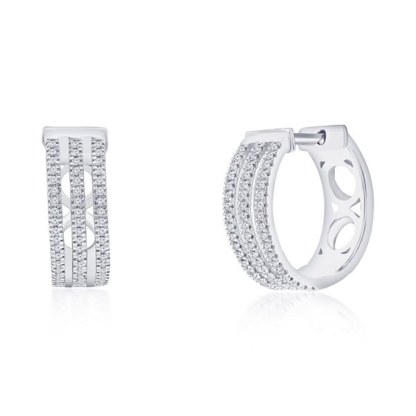 Sterling Silver, 13mm Triple Row Diamond Hoop Earrings - (108 Stones)