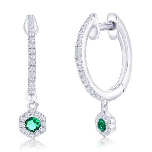 Sterling Silver, Lab-Grown 0.15ct Emerald Hexagon Charm, 0.16ct Natural Diamond Huggies -(64 Stones)