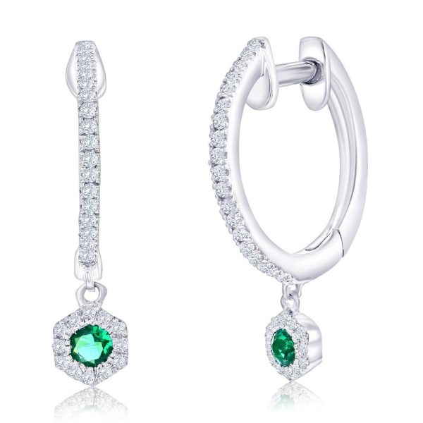 Sterling Silver, Lab-Grown 0.15ct Emerald Hexagon Charm, 0.16ct Natural Diamond Huggies -(64 Stones)