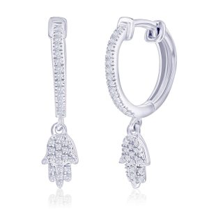Sterling Silver, Hamsa Charm Diamond Huggies - (68 Stones)