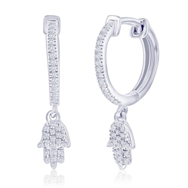 Sterling Silver, Hamsa Charm Diamond Huggies - (68 Stones)