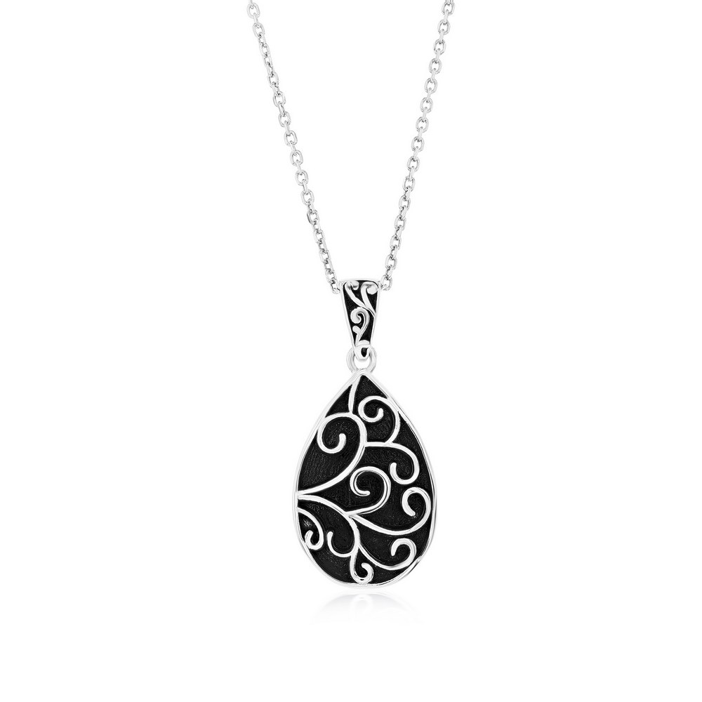 Sterling Silver, Oxidized Pearshaped Filigree Design Pendant w/Chain