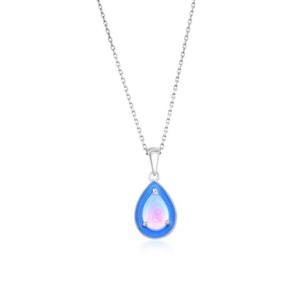 Sterling Silver White Opal & Blue Enamel Pearshaped Pendant