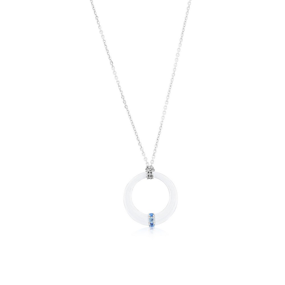 Sterling Silver Round Gray Enamel Pendant w/Chain - Blue CZ