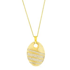 Sterling Silver Large Oval Brushed & CZ Pendant w/Chain - Gold Plated
