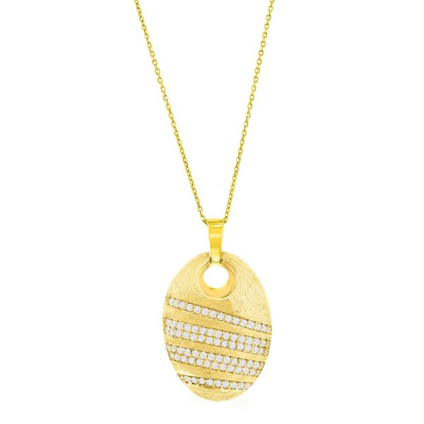 Sterling Silver Large Oval Brushed & CZ Pendant w/Chain - Gold Plated