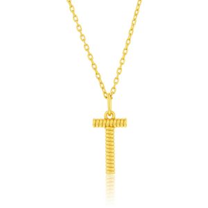 Sterling Silver, Rigid Design 'T' Initial Necklace - Gold Plated