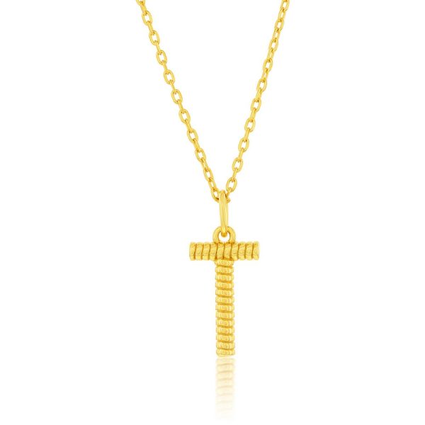 Sterling Silver, Rigid Design 'T' Initial Necklace - Gold Plated