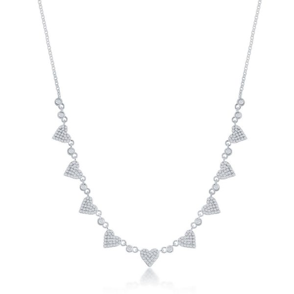 Sterling Silver Alternating Round & Micro Pave Heart CZ Necklace