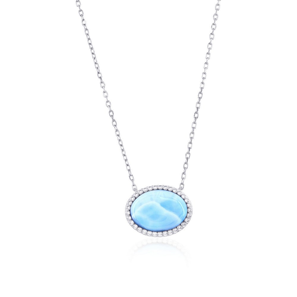 Sterling Silver, Beaded Outline Oval Larimar Necklace
