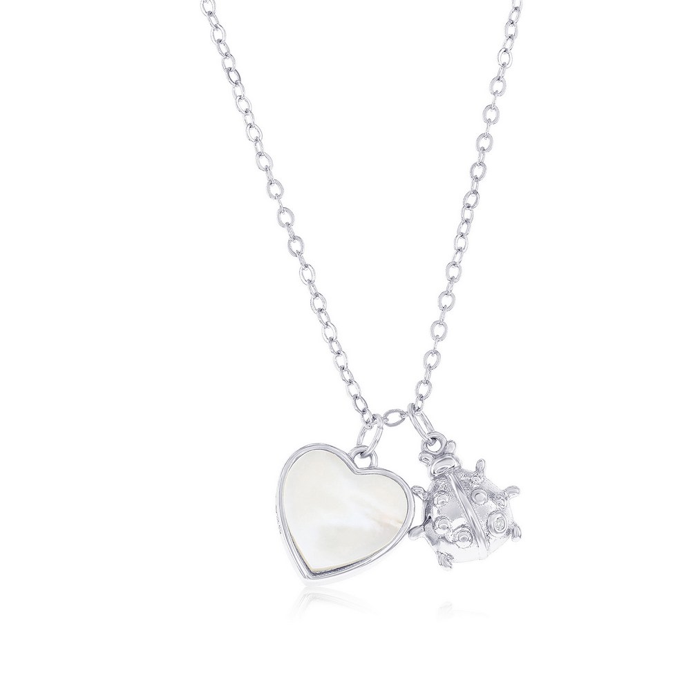Sterling Silver MOP Heart & Ladybug CZ Necklace