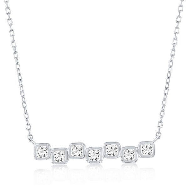 Sterling Silver, Square Bezel-Set CZ Bar Necklace