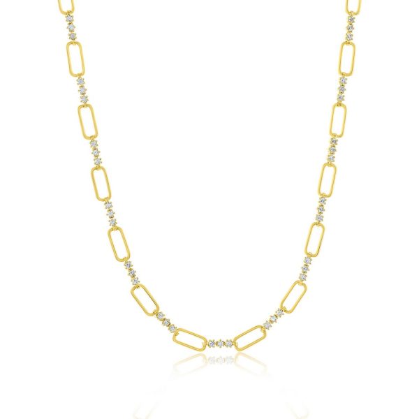 Sterling Silver, Paperclip & CZ Neckalce - Gold Plated