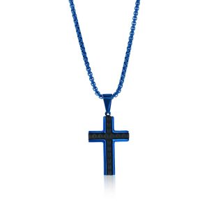 Stainless Steel Studded Cross Necklace - Blue Plated