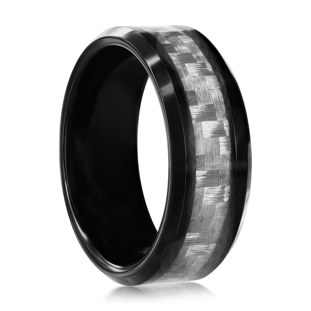 Black Plated Tungsten Ring - Silver Carbon Fiber