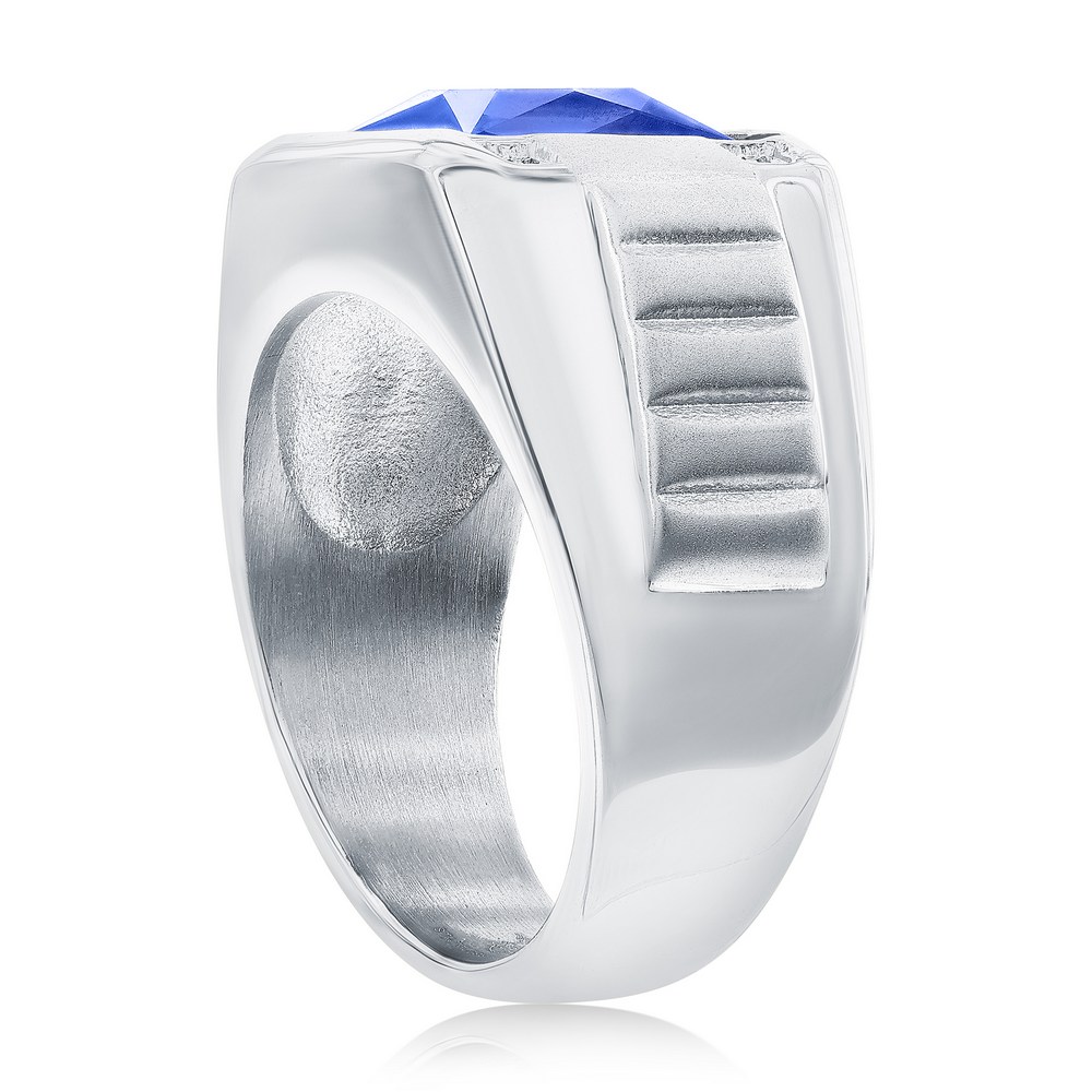 Stainless Steel Square CZ Ring - Genuine Blue Spinel