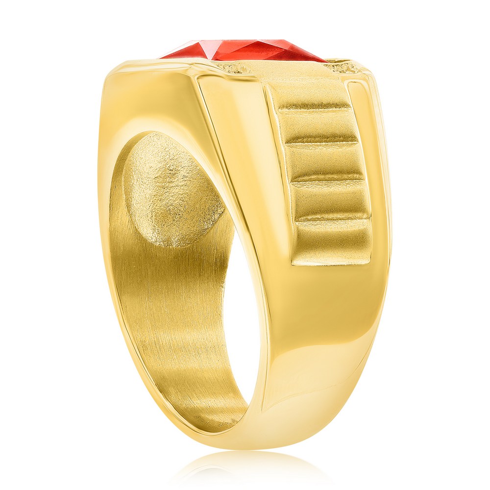 Stainless Steel Square CZ Ring - Genuine Red Spinel - Gold Plated