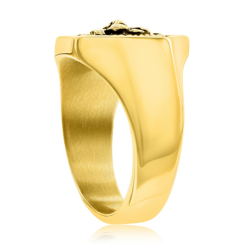 Stainless Steel Oxidized Lion Octagon Ring - Gold Plated