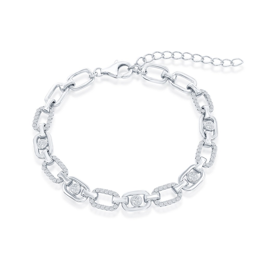 Sterling Silver, Alternating Polished & Oval CZ Link Bracelet