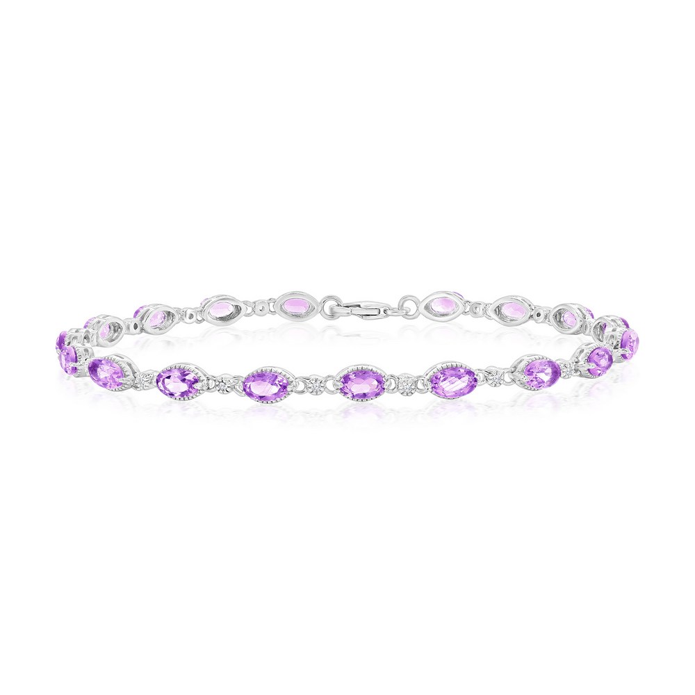 Sterling Silver, Oval 3.99ct Amethyst & 0.11ct White Topaz, Beaded Outline Gem Bracelet
