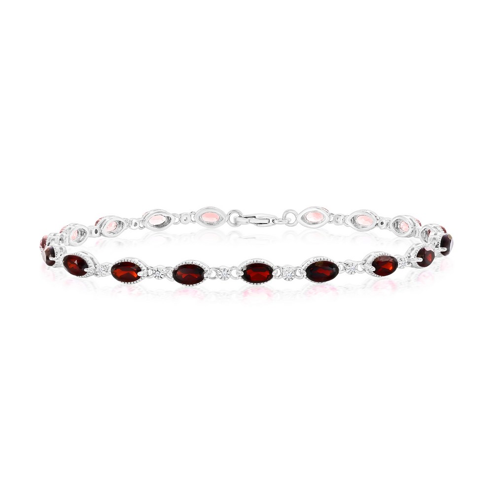 Sterling Silver, Oval 5.32ct Garnet & 0.11ct White Topaz, Beaded Outline Gem Bracelet