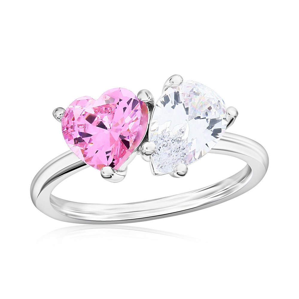 Sterling Silver Heart & Pearshaped CZ Ring - Pink