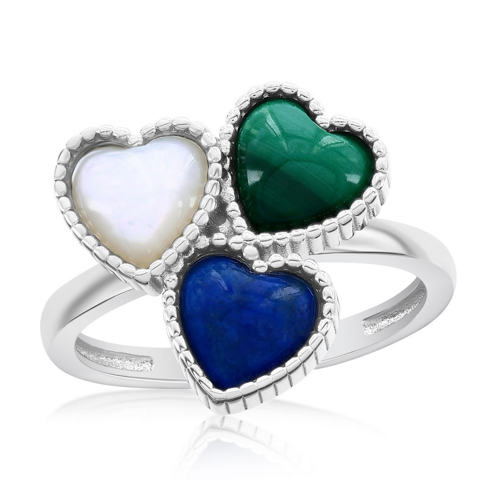 Sterling Silver, MOP, Lapis, Malachite, Triple Cluster Heart Ring