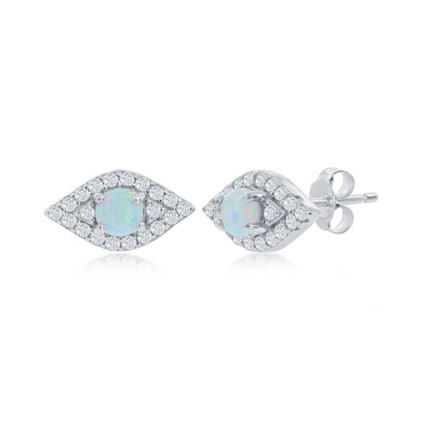 Sterling Silver White Opal & CZ Evil Eye Stud Earrings