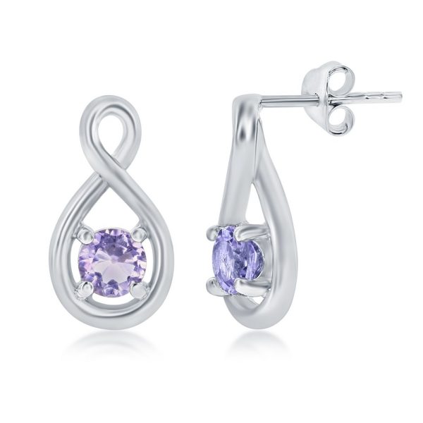 Sterling Silver, 4mm Round Gem Amethyst Infinity Design Earrings - Amethyst