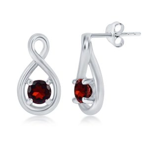 Sterling Silver, 4mm Round Gem Infinity Design Earrings - Garnet