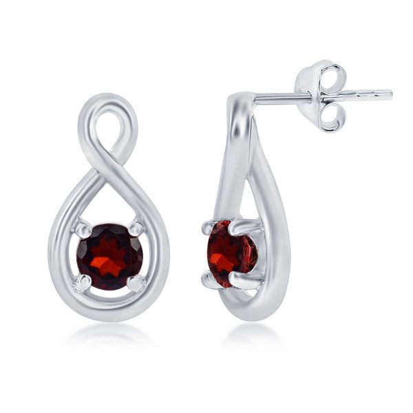 Sterling Silver, 4mm Round Gem Infinity Design Earrings - Garnet