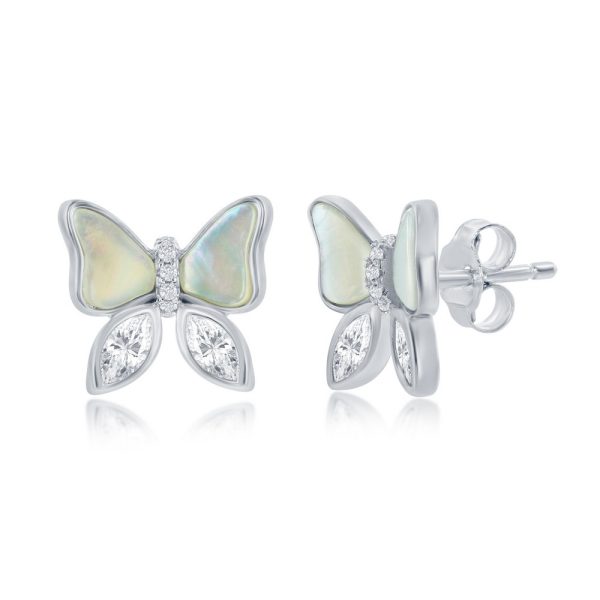 Sterling Silver MOP and CZ Butterfly Stud Earrings