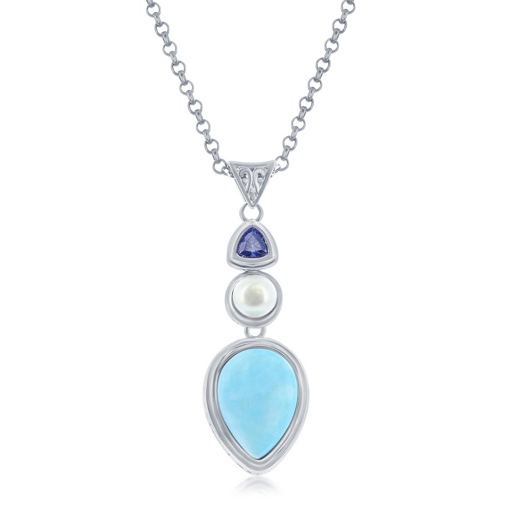 Sterling Silver, Pearshaped Larimar with FWP and Tanzanite CZ Pendant