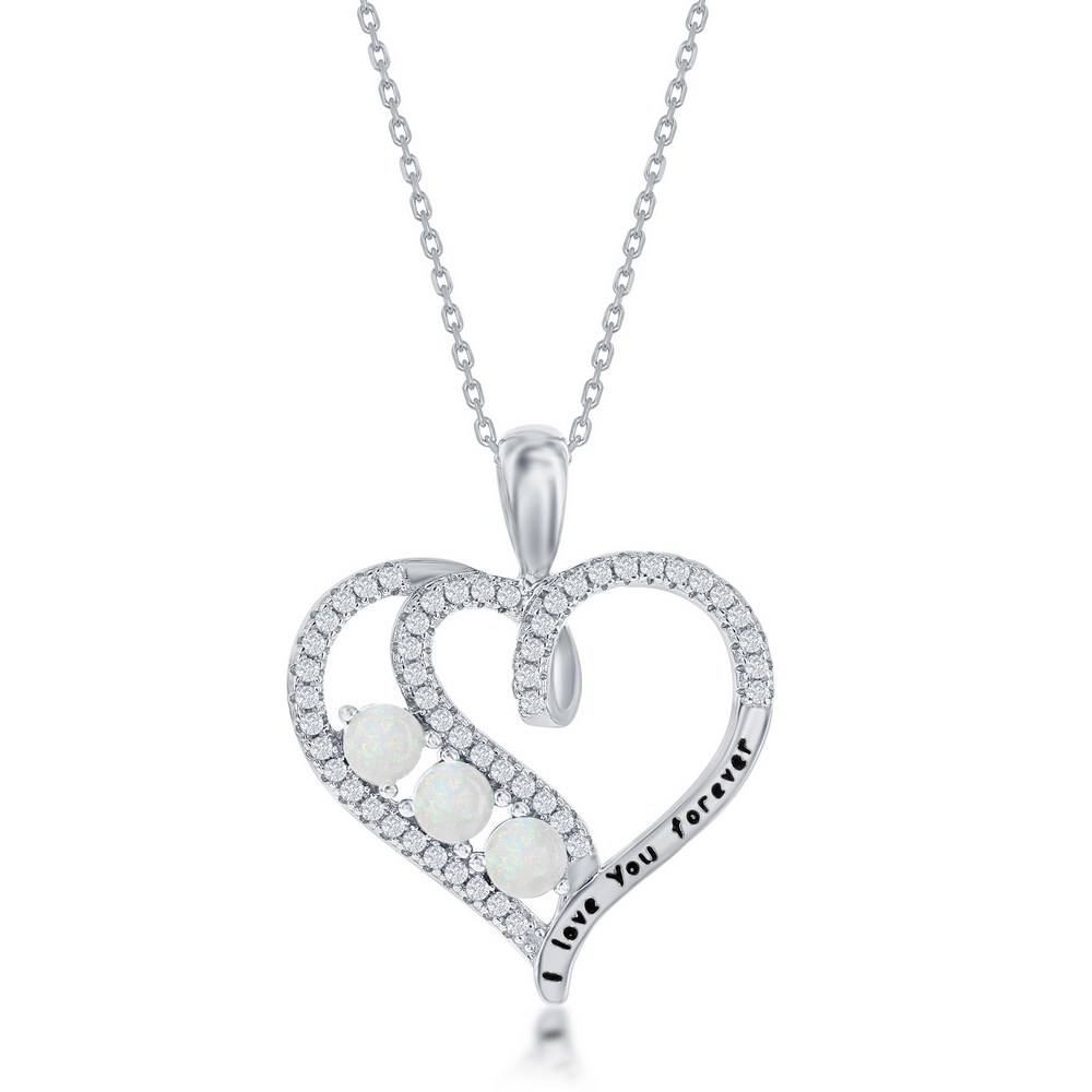 Sterling Silver 'I Love You Forever' CZ Heart Pendant - White Opal