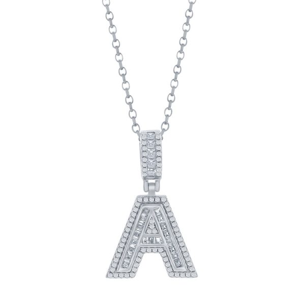 Sterling Silver 'A' Baguette CZ Initial Pendant w/Chain